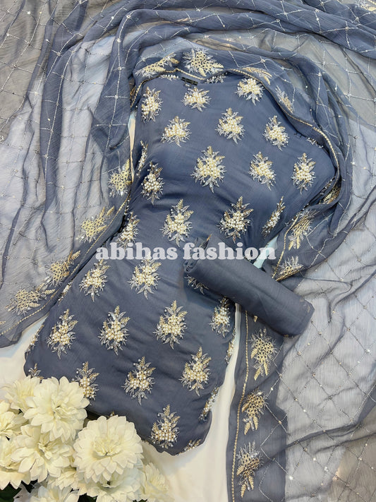 💫 Soft Chiffon Beauty – Fine Pules Embroidery | 3PC (STEEL-GREAY)