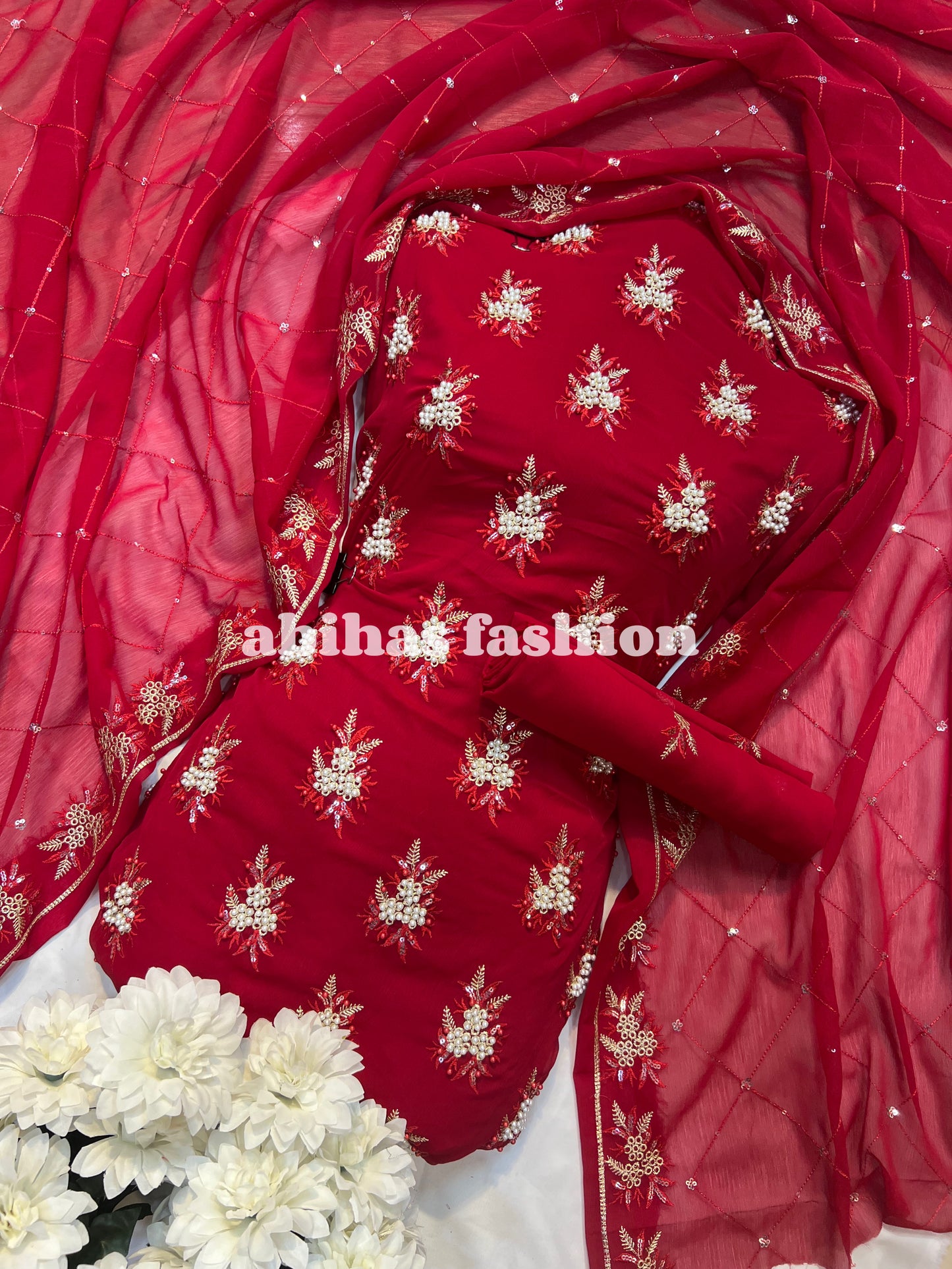 💫 Soft Chiffon Beauty – Fine Pules Embroidery | 3PC (REDISH-MEHRON)