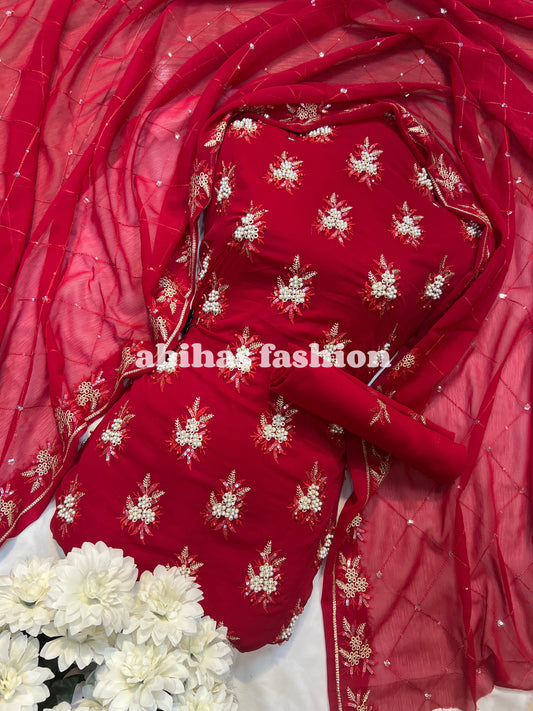 💫 Soft Chiffon Beauty – Fine Pules Embroidery | 3PC (REDISH-MEHRON)