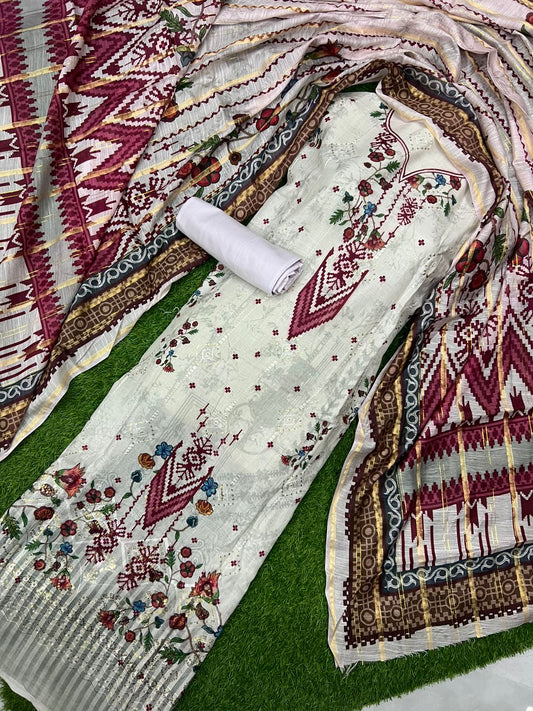💥 90/70 Heavy Embroidery Printed Lawn – 3 Piece Suit