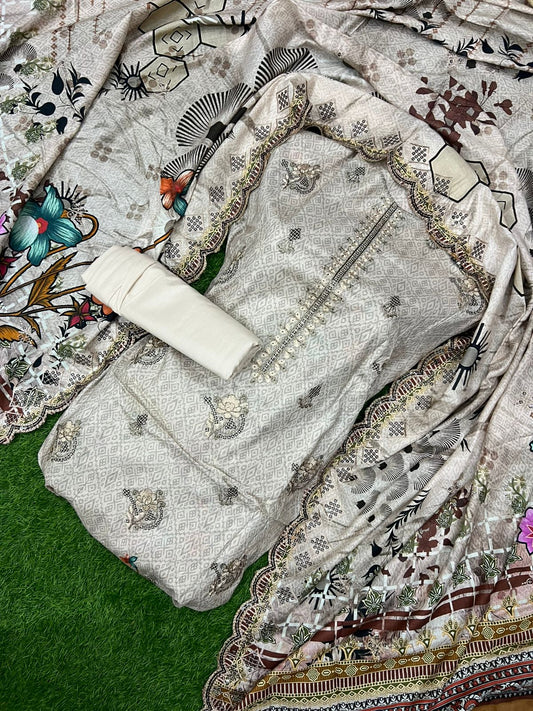 💥 90/70 Heavy Embroidery Printed Lawn – 3 Piece Suit