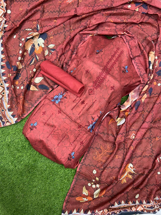 💥 90/70 Heavy Embroidery Printed Lawn – 3 Piece Suit