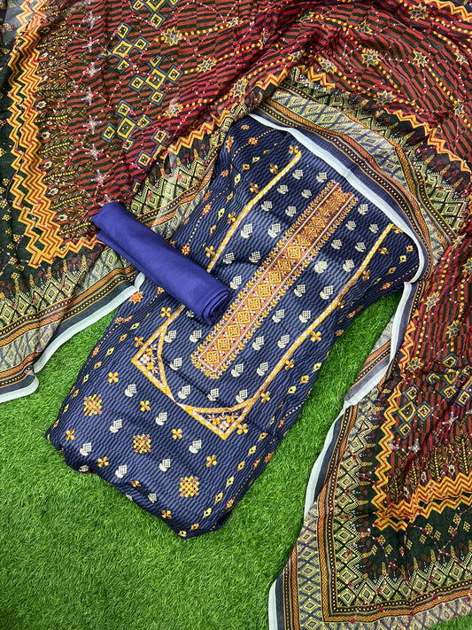 💥 90/70 Heavy Embroidery Printed Lawn – 3 Piece Suit