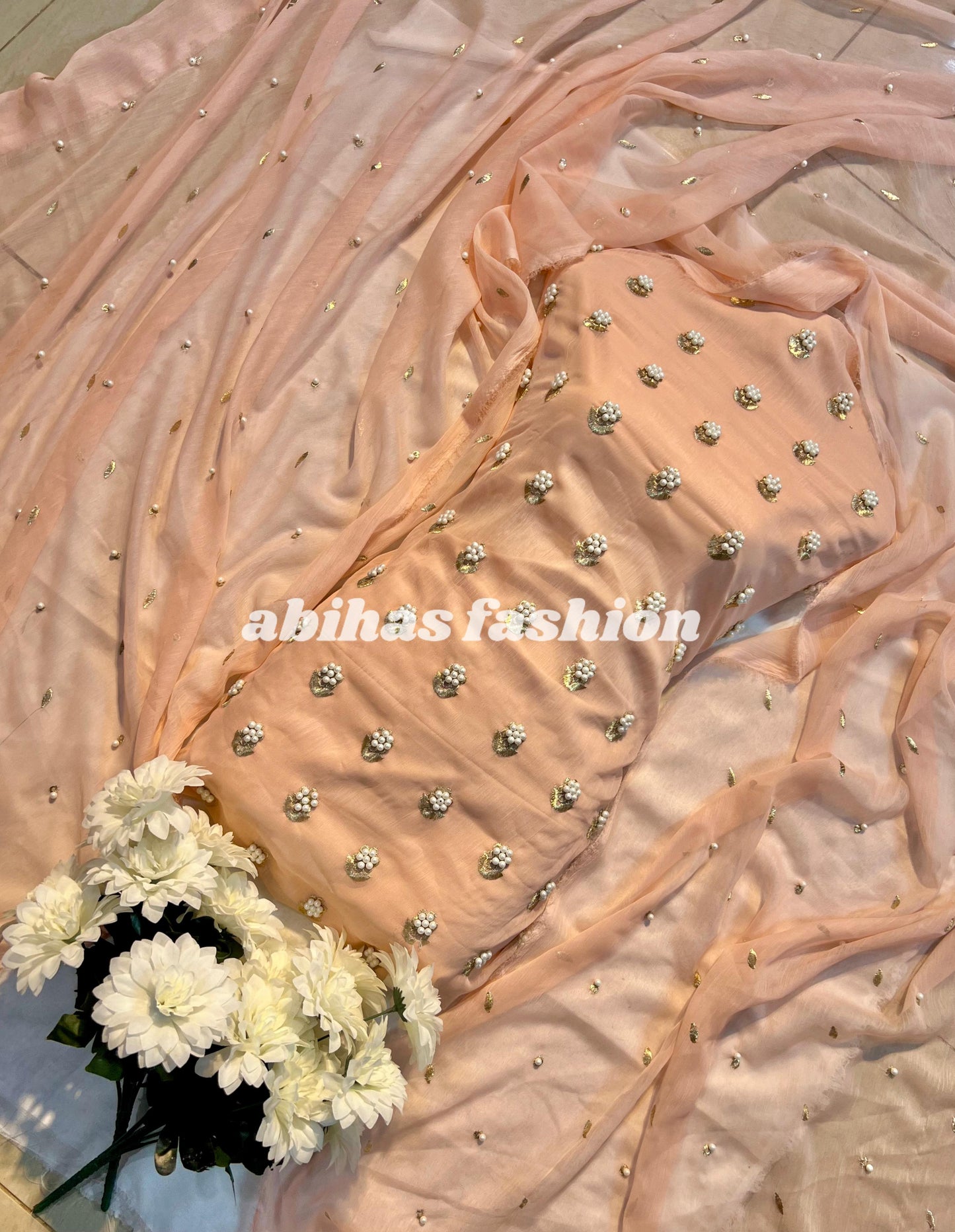 ✨ Eid Collection 2025 – Premium 3-Piece Soft Chiffon Dress ✨(PEACH)