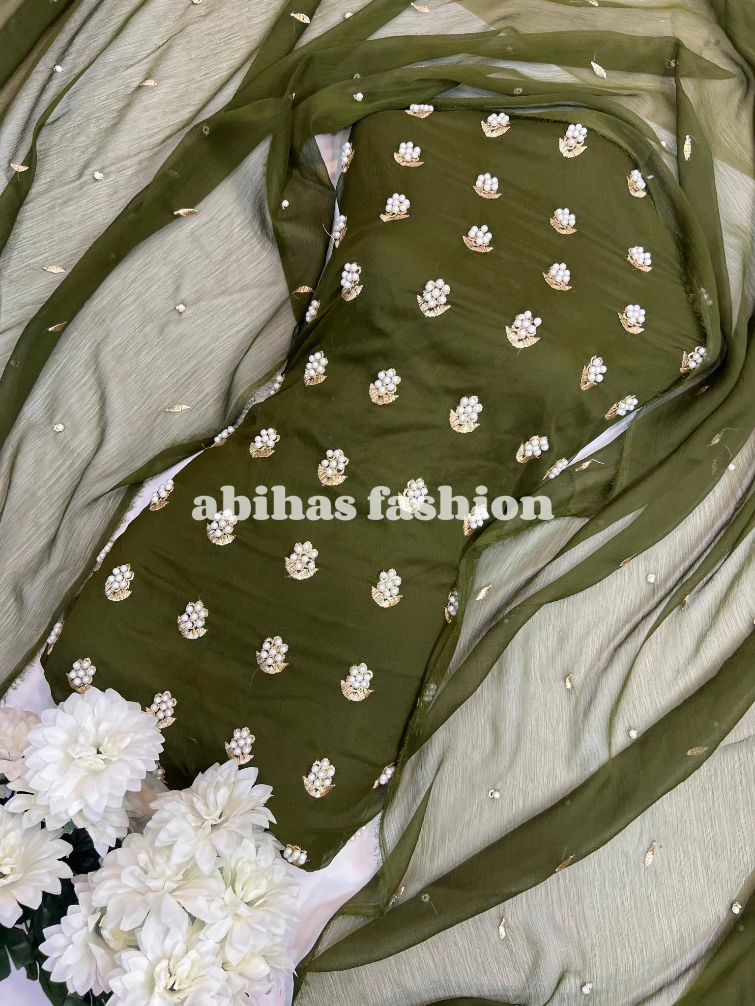✨ Eid Collection 2025 – Premium 3 - Piece Soft Chiffon Dress ✨(ARMY - GREEN) - Abihas Fashion