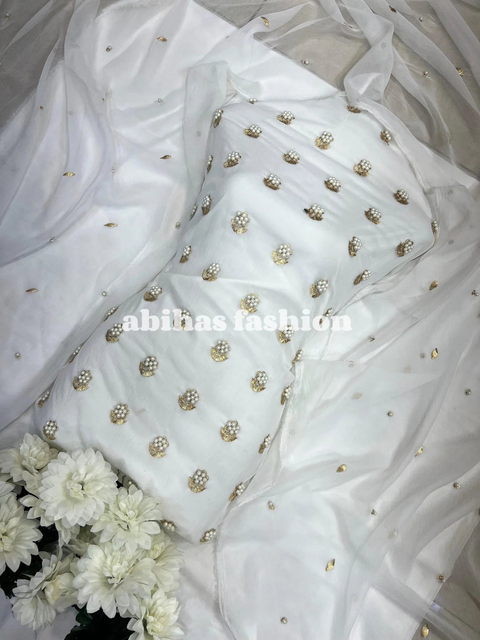 ✨ Eid Collection 2025 – Premium 3 - Piece Soft Chiffon Dress ✨(PURE - WHITE) - Abihas Fashion