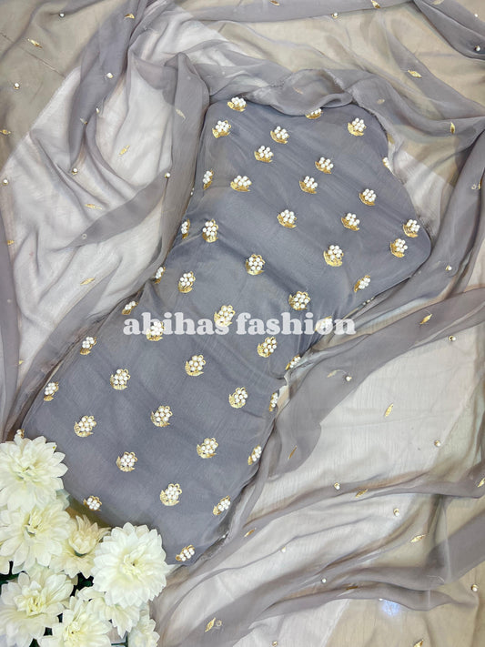 ✨ Eid Collection 2025 – Premium 3-Piece Soft Chiffon Dress ✨(STEEL-GRAY)