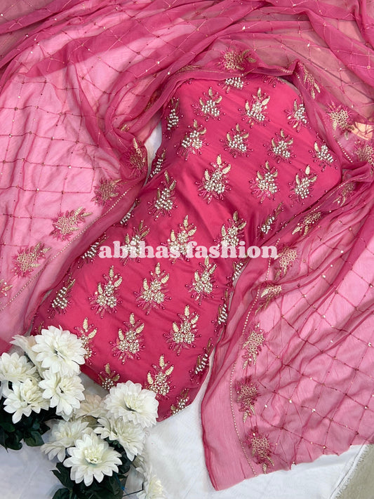 💫 Soft Chiffon Beauty – Fine Pules Embroidery | 3PC (T-PINK)