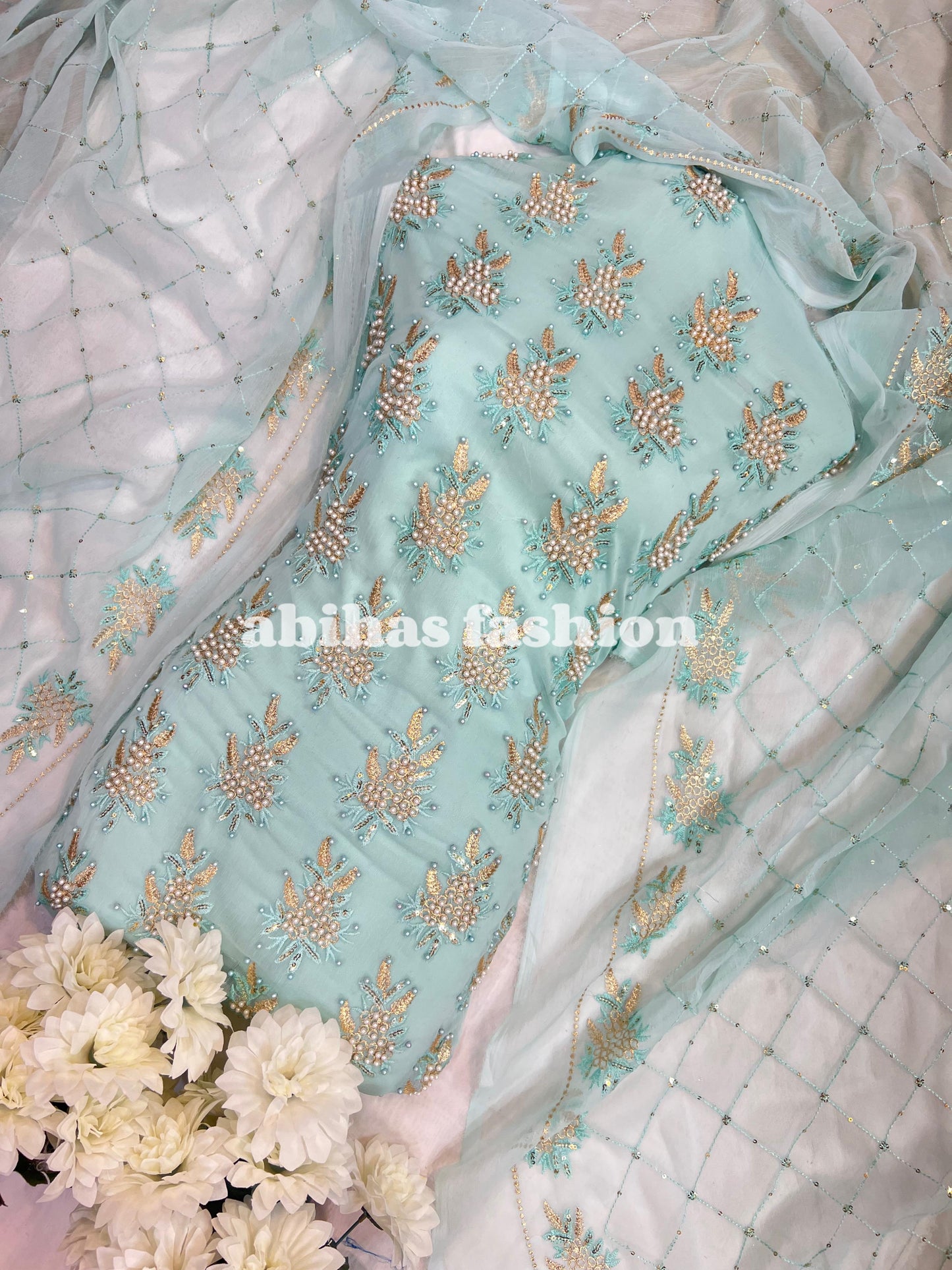 💫 Soft Chiffon Beauty – Fine Pules Embroidery | 3PC (ICE-BLUE)