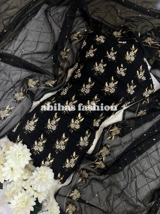 💫 Soft Chiffon Beauty – Fine Pules Embroidery | 3PC (BLACK)