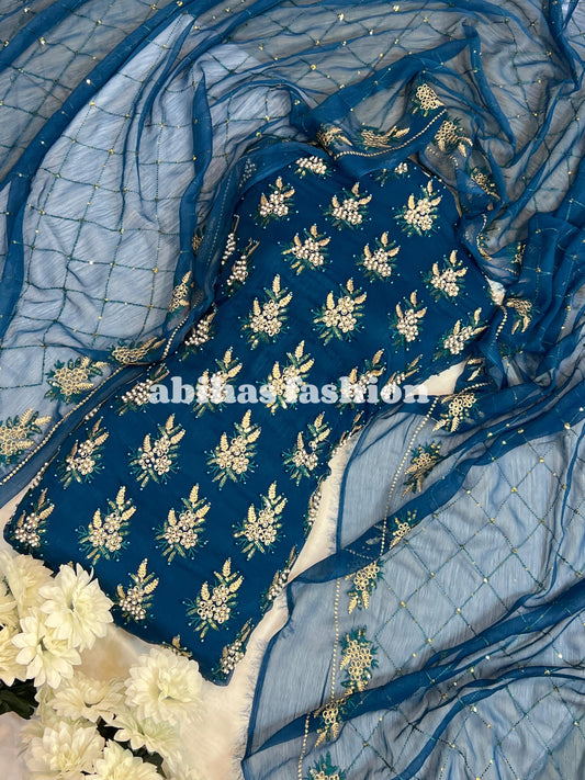 💫 Soft Chiffon Beauty – Fine Pules Embroidery | 3PC (ZINK-BLUE)
