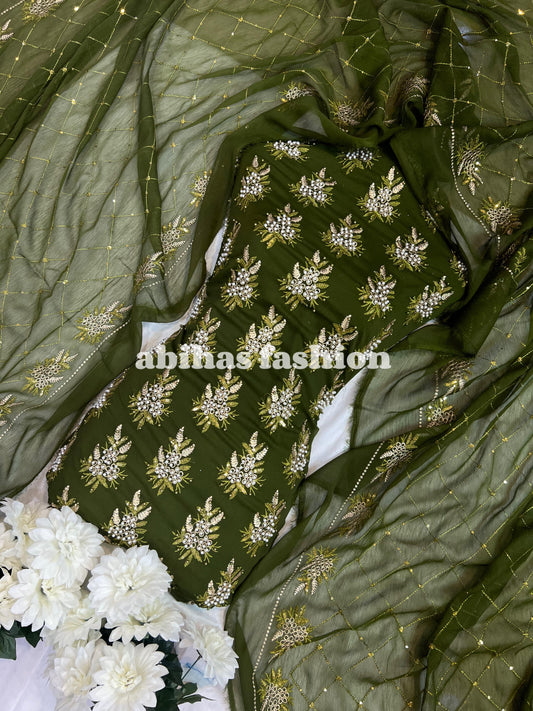 💫 Soft Chiffon Beauty – Fine Pules Embroidery | 3PC (ARMY-GREEN)