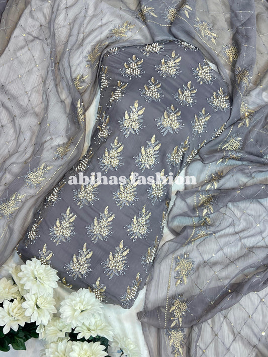 💫 Soft Chiffon Beauty – Fine Pules Embroidery | 3PC (STEEL-GREAY)