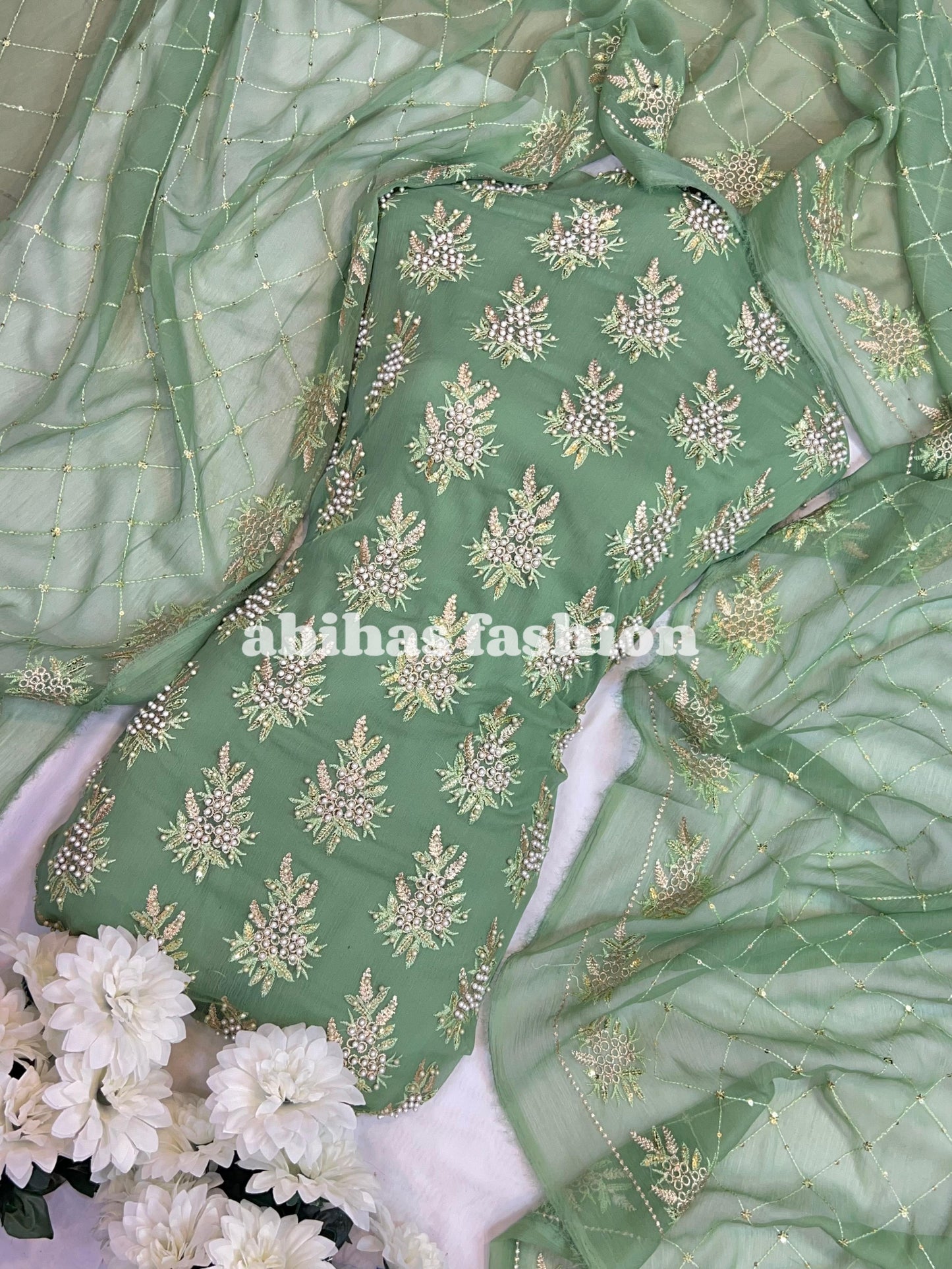 💫 Soft Chiffon Beauty – Fine Pules Embroidery | 3PC (MINT-GREEN)