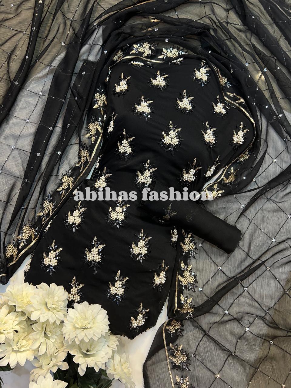 💫 Soft Chiffon Beauty – Fine Pules Embroidery | 3PC (BLACK) - Abihas Fashion