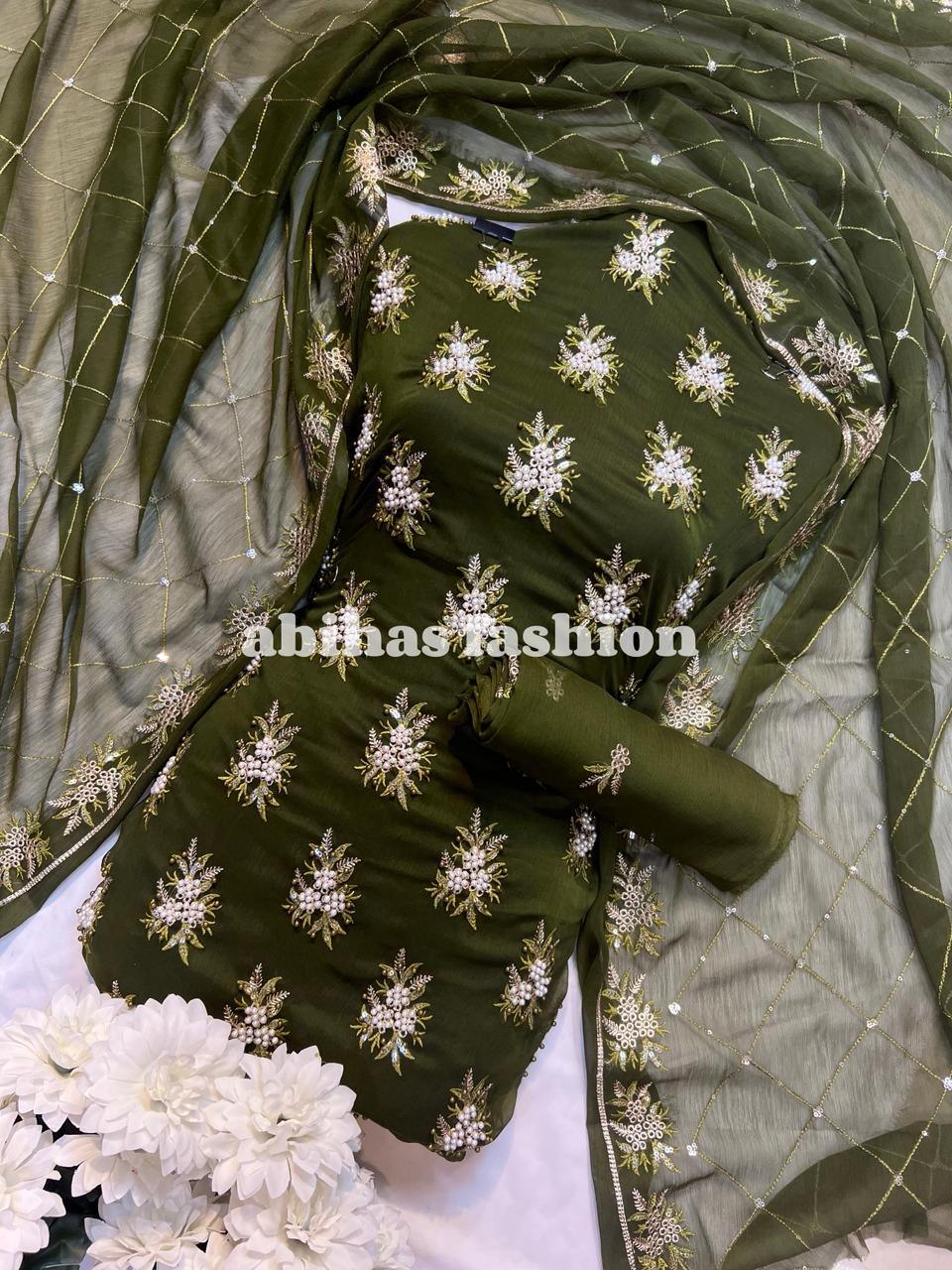 💫 Soft Chiffon Beauty – Fine Pules Embroidery | 3PC (ARMY - GREEN) - Abihas Fashion