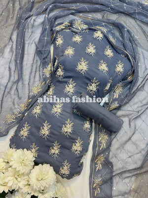 💫 Soft Chiffon Beauty – Fine Pules Embroidery | 3PC (STEEL - GRAY) - Abihas Fashion
