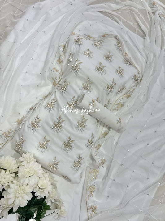 💫 Soft Chiffon Beauty – Fine Pules Embroidery | 3PC (WHITE)