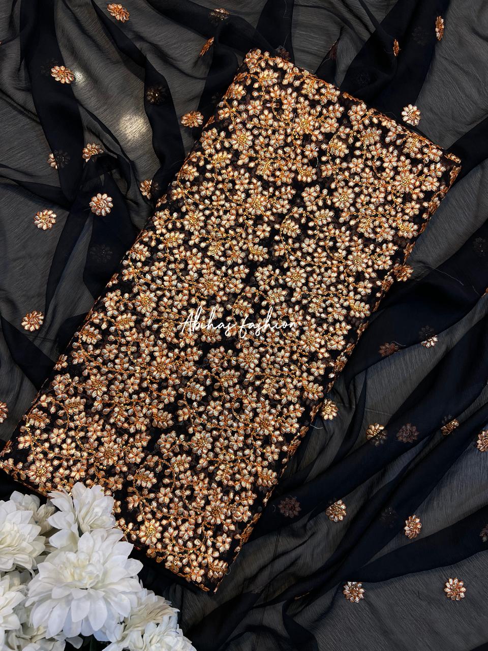 ✨ 3 PC Gota Style Soft Chiffon Suit ✨(JUTT-BLACK)