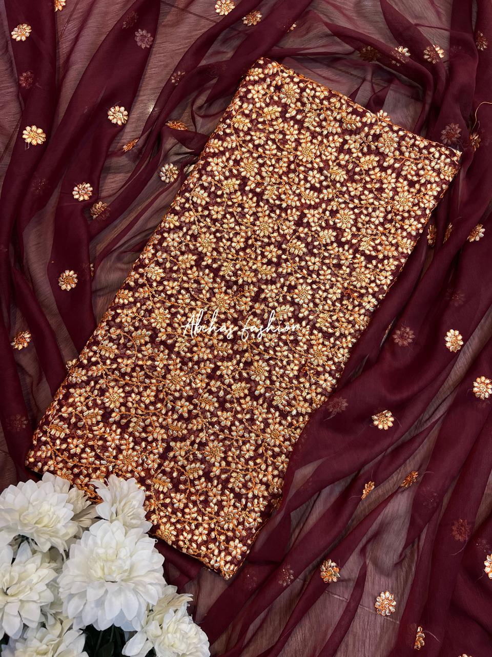 ✨ 3 PC Gota Style Soft Chiffon Suit ✨(MEHRON)