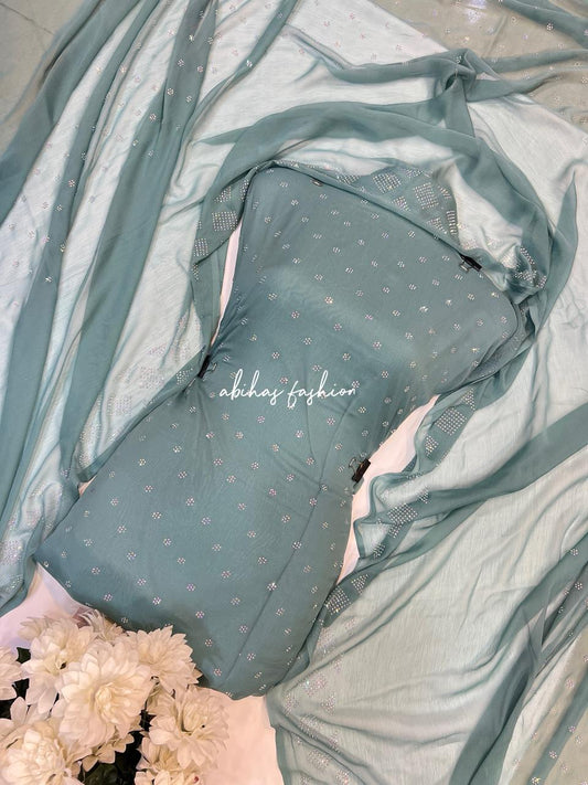 New Turkish Stone – 3 Piece Pure Chiffon Suit (MINT-GREEN)