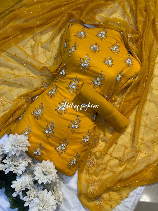 💫 Soft Chiffon Beauty – Fine Pules Embroidery | 3PC (yellow)