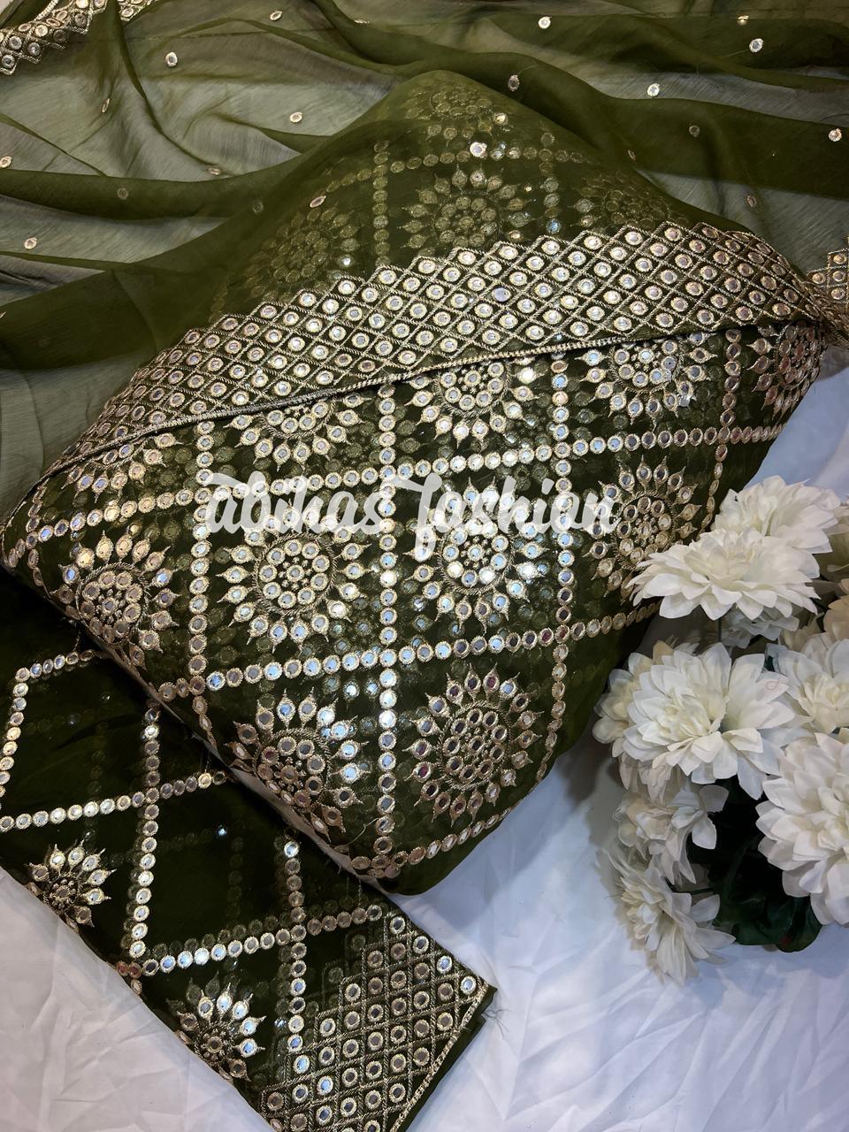 ✨ Luxury Soft Chiffon 3-Piece | 9MM Sequin Work ✨ (ARMY-GREEN)