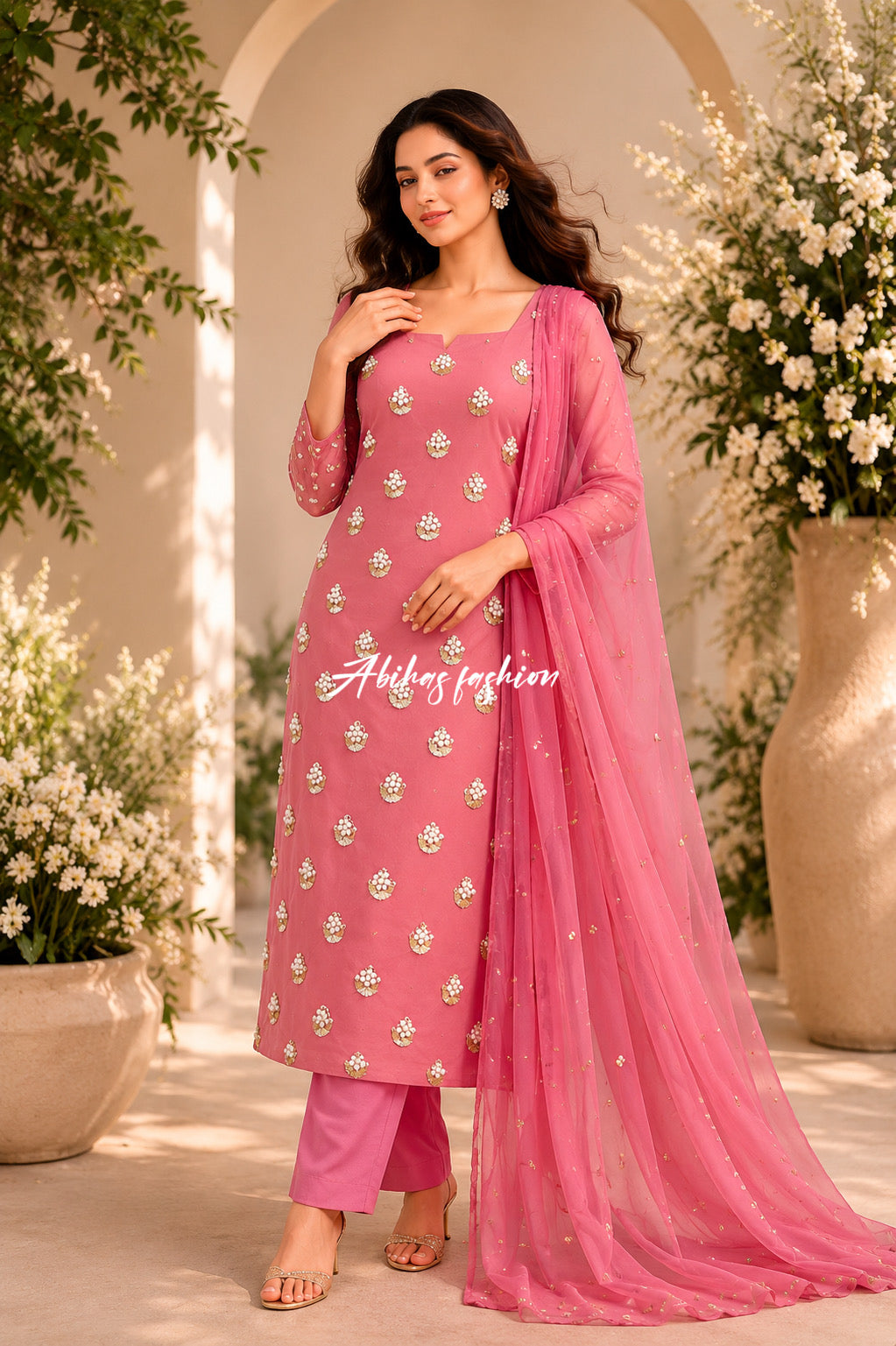 ✨ Eid Collection 2026 – Premium 3-Piece Soft Chiffon Dress ✨(T-PINK)