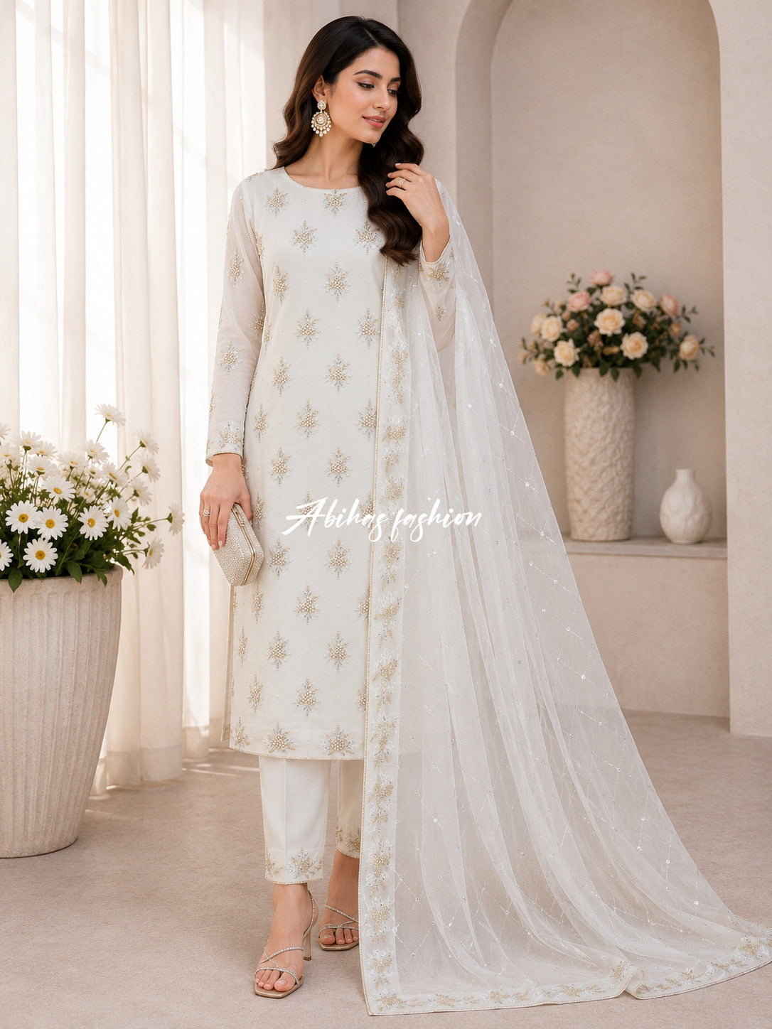 💫 Soft Chiffon Beauty – Fine Pules Embroidery | 3PC (WHITE)