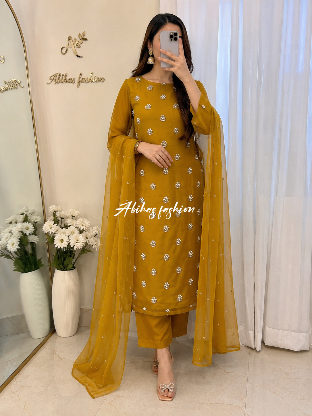 ✨ Eid Collection 2026 – Premium 3-Piece Soft Chiffon Dress ✨(mustard)