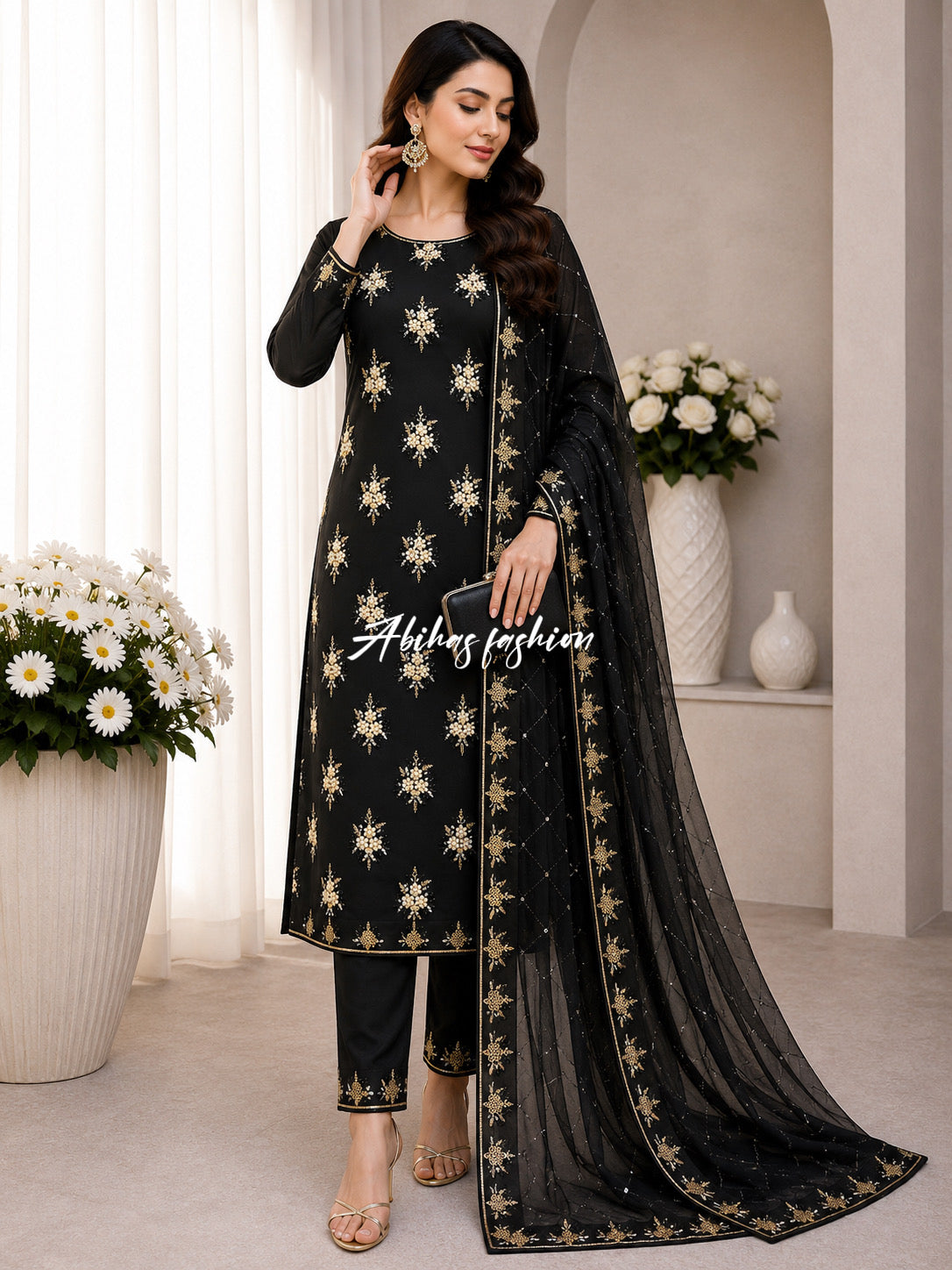 💫 Soft Chiffon Beauty – Fine Pules Embroidery | 3PC (BLACK)