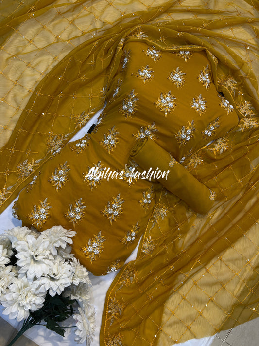 💫 Soft Chiffon Beauty – Fine Pules Embroidery | 3PC (mustard)