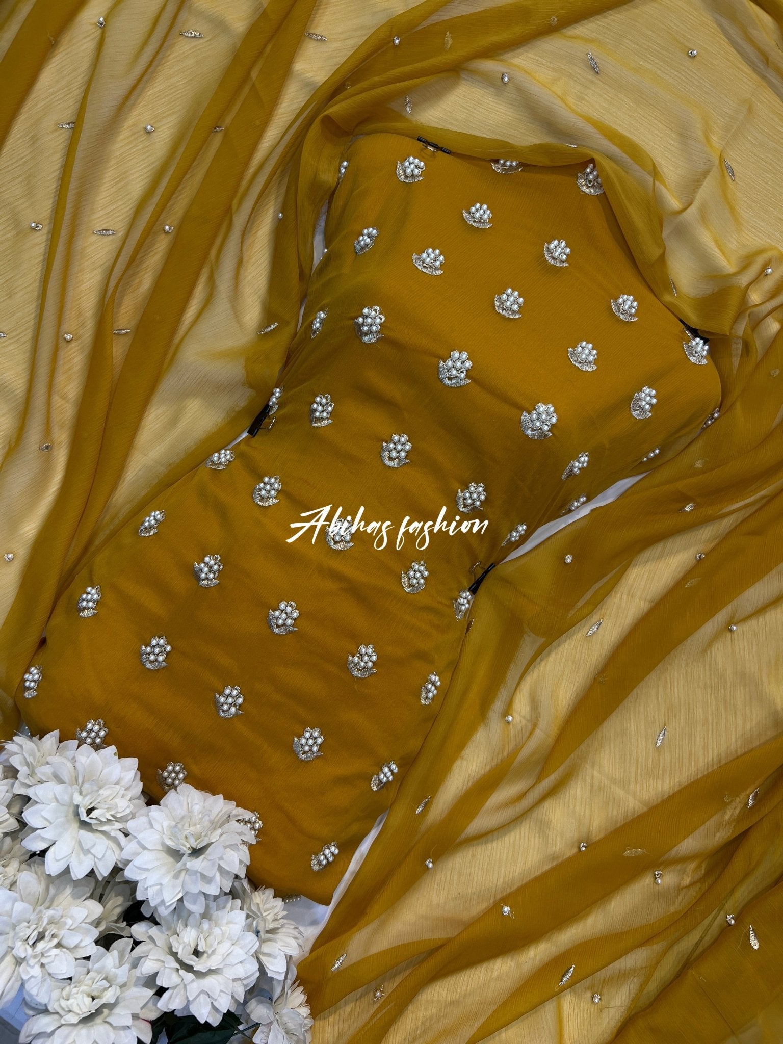 ✨ Eid Collection 2026 – Premium 3-Piece Soft Chiffon Dress ✨(mustard) - Abihas Fashion