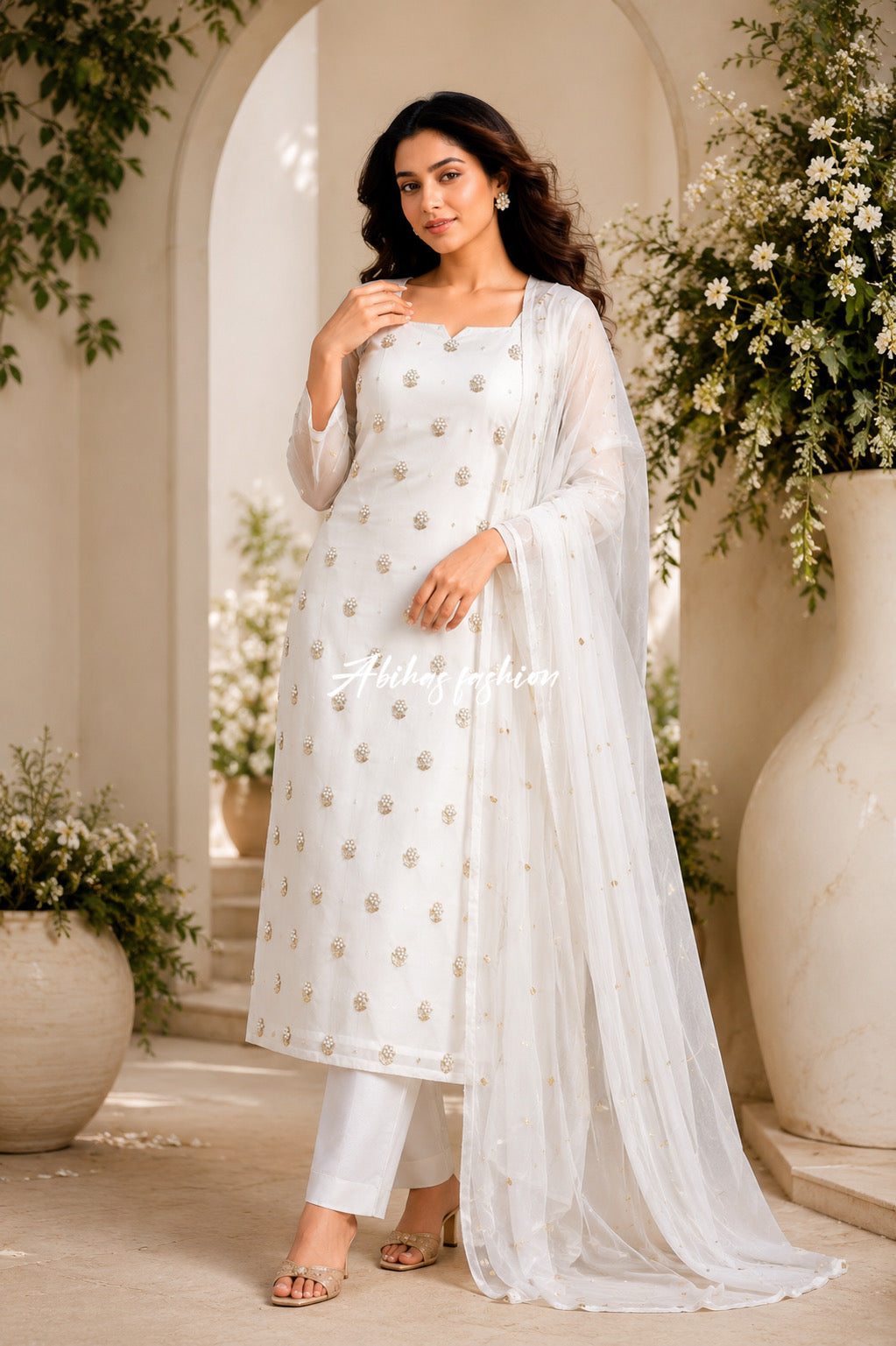 ✨ Eid Collection 2026 – Premium 3-Piece Soft Chiffon Dress ✨(PURE-WHITE)