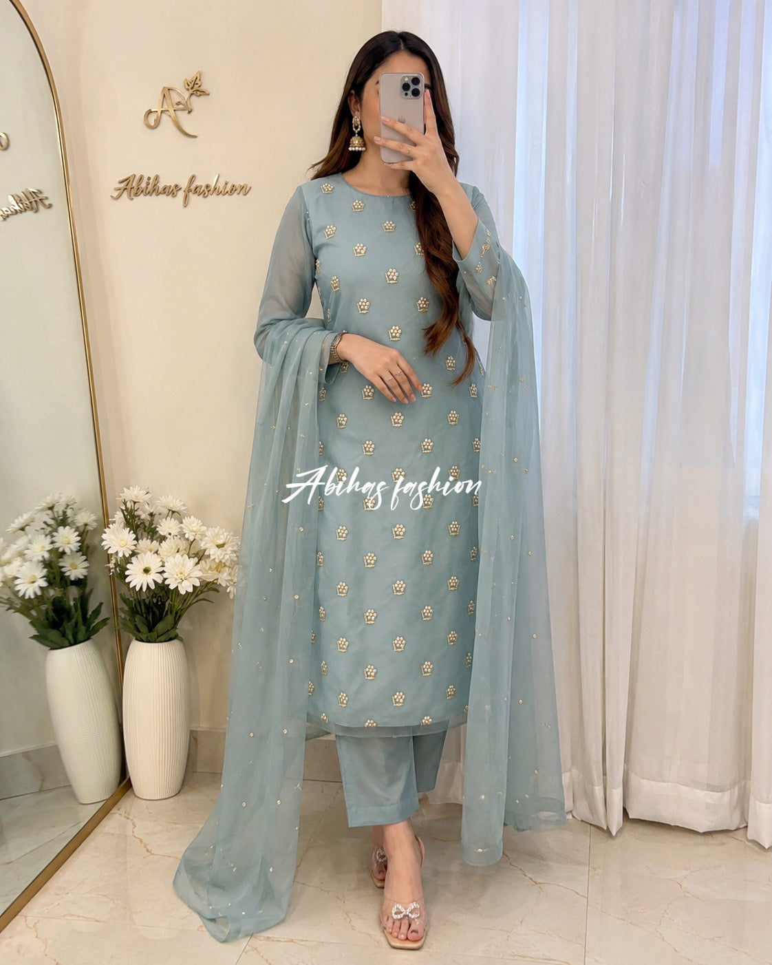 ✨ Eid Collection 2026 – Premium 3-Piece Soft Chiffon Dress ✨(MINT)