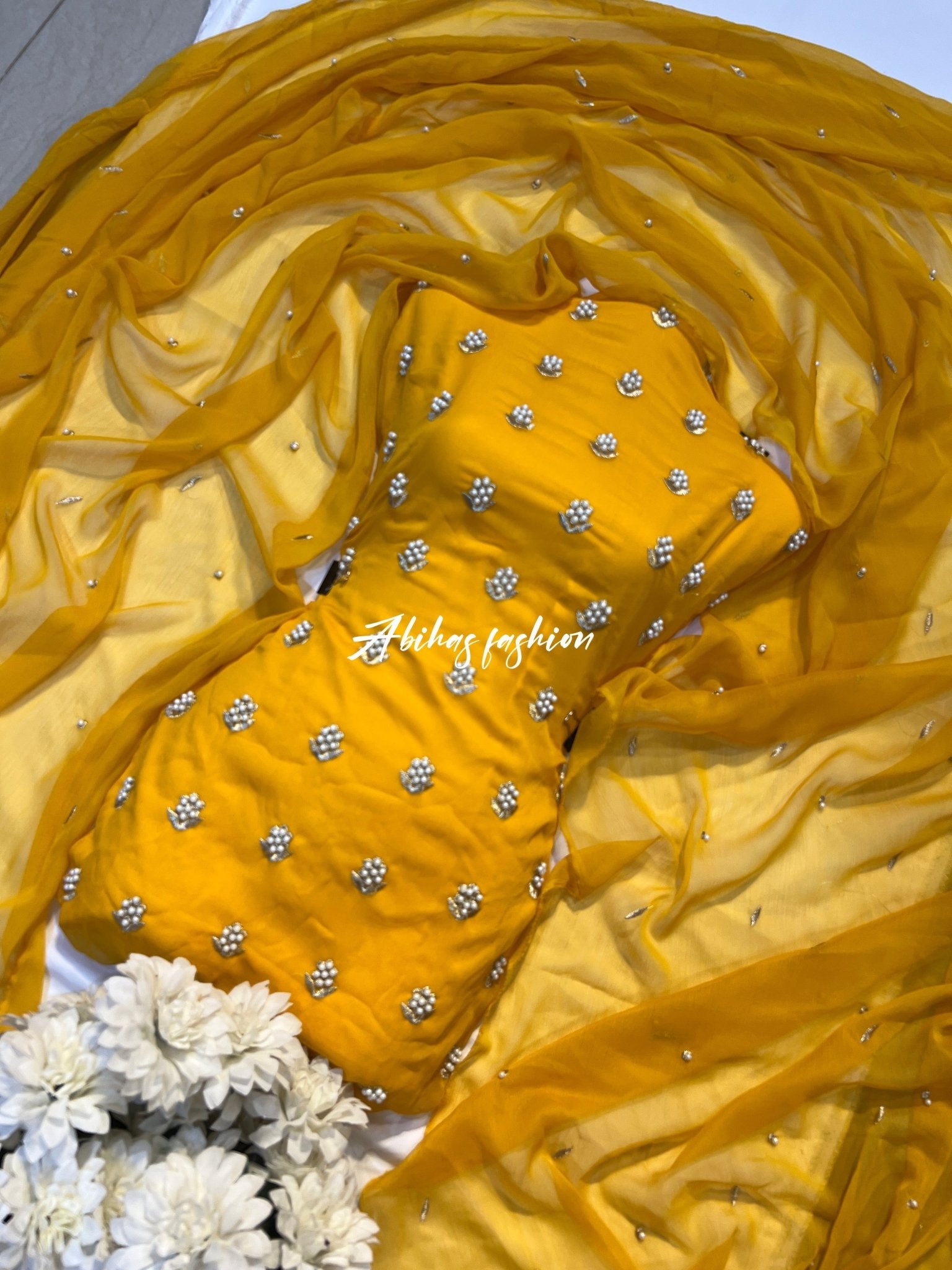 ✨ Eid Collection 2026 – Premium 3-Piece Soft Chiffon Dress ✨(yellow) - Abihas Fashion