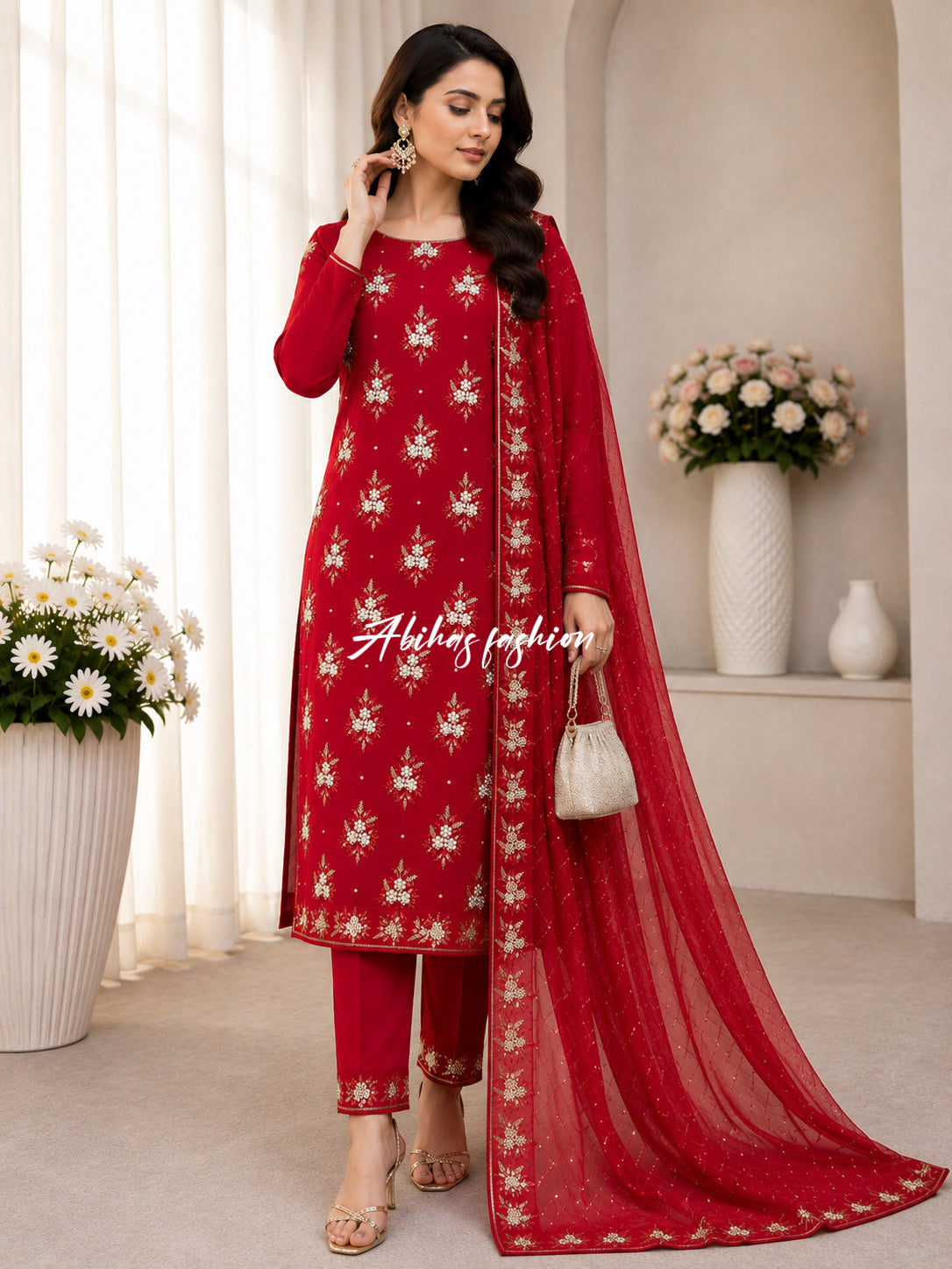 💫 Soft Chiffon Beauty – Fine Pules Embroidery | 3PC (REDISH-MEHRON)