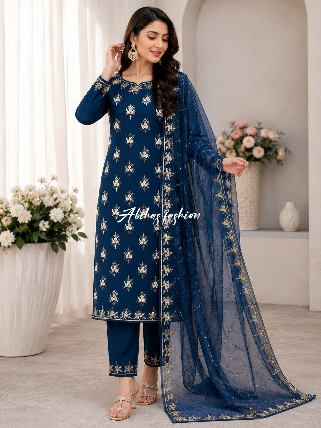 💫 Soft Chiffon Beauty – Fine Pules Embroidery | 3PC (ZINK-BLUE)