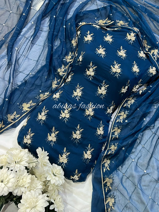 💫 Soft Chiffon Beauty – Fine Pules Embroidery | 3PC (ZINK-BLUE)