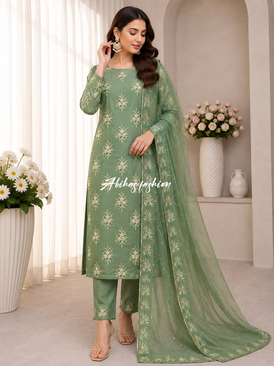 💫 Soft Chiffon Beauty – Fine Pules Embroidery | 3PC (MINT-GREEN)